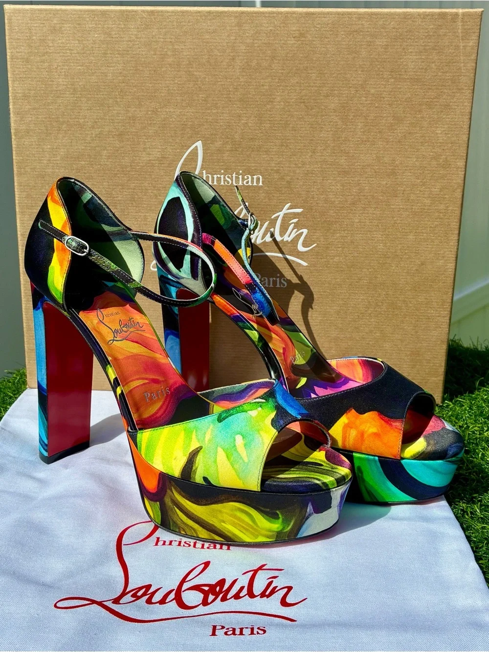 CHRISTIAN LOUBOUTIN SANDALOO BLACK MULTICOLOR SATIN LEATHER PLATFORM SANDAL SZ39